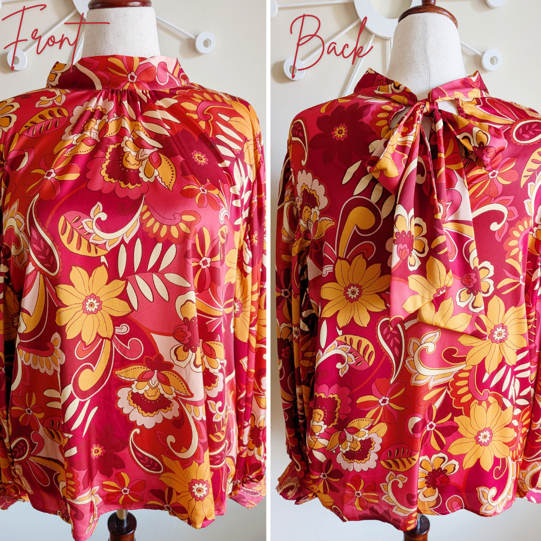 Retro Print Back Neck Tie Blouse