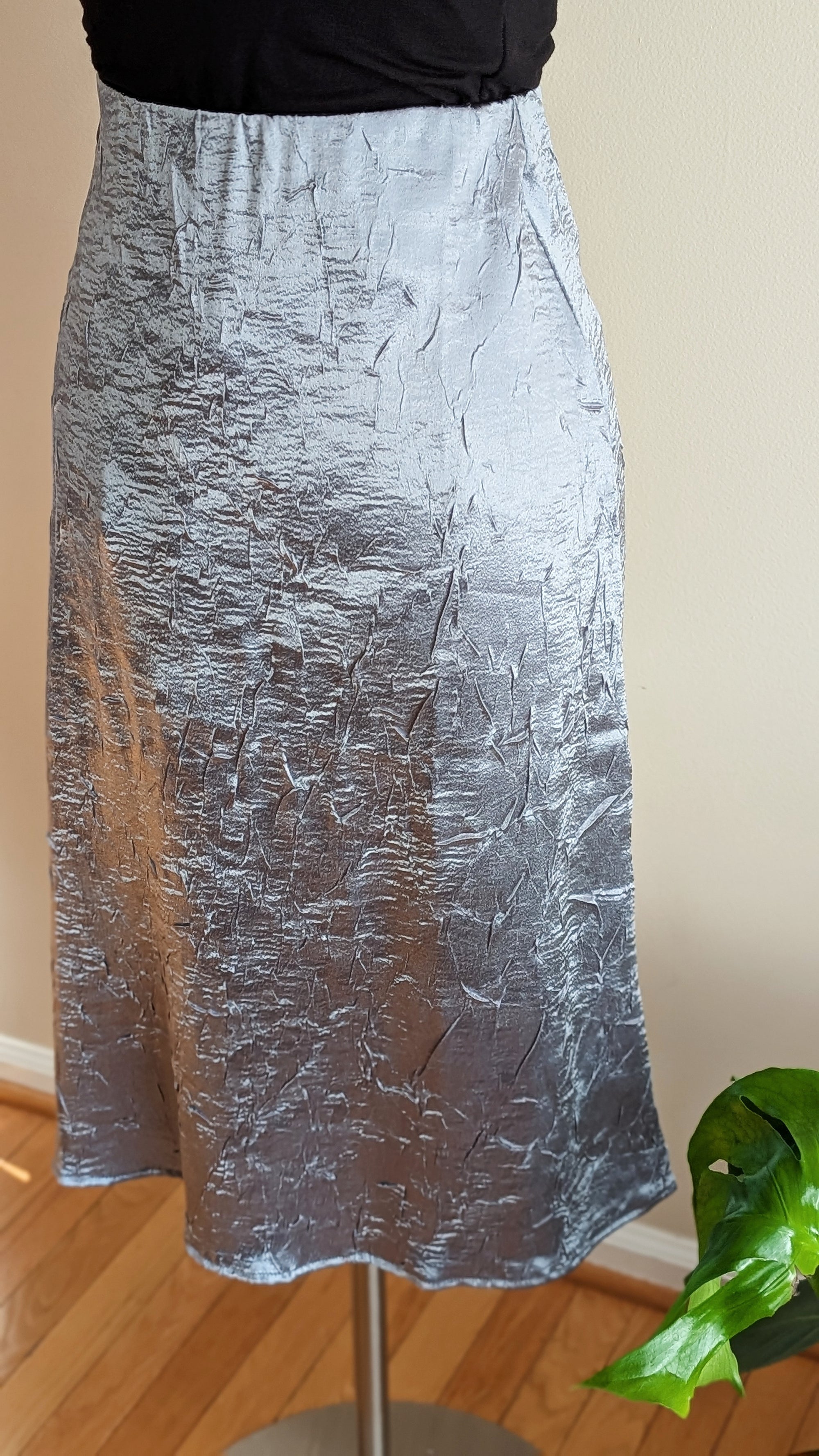 Crinkled Silver Midi Skirt