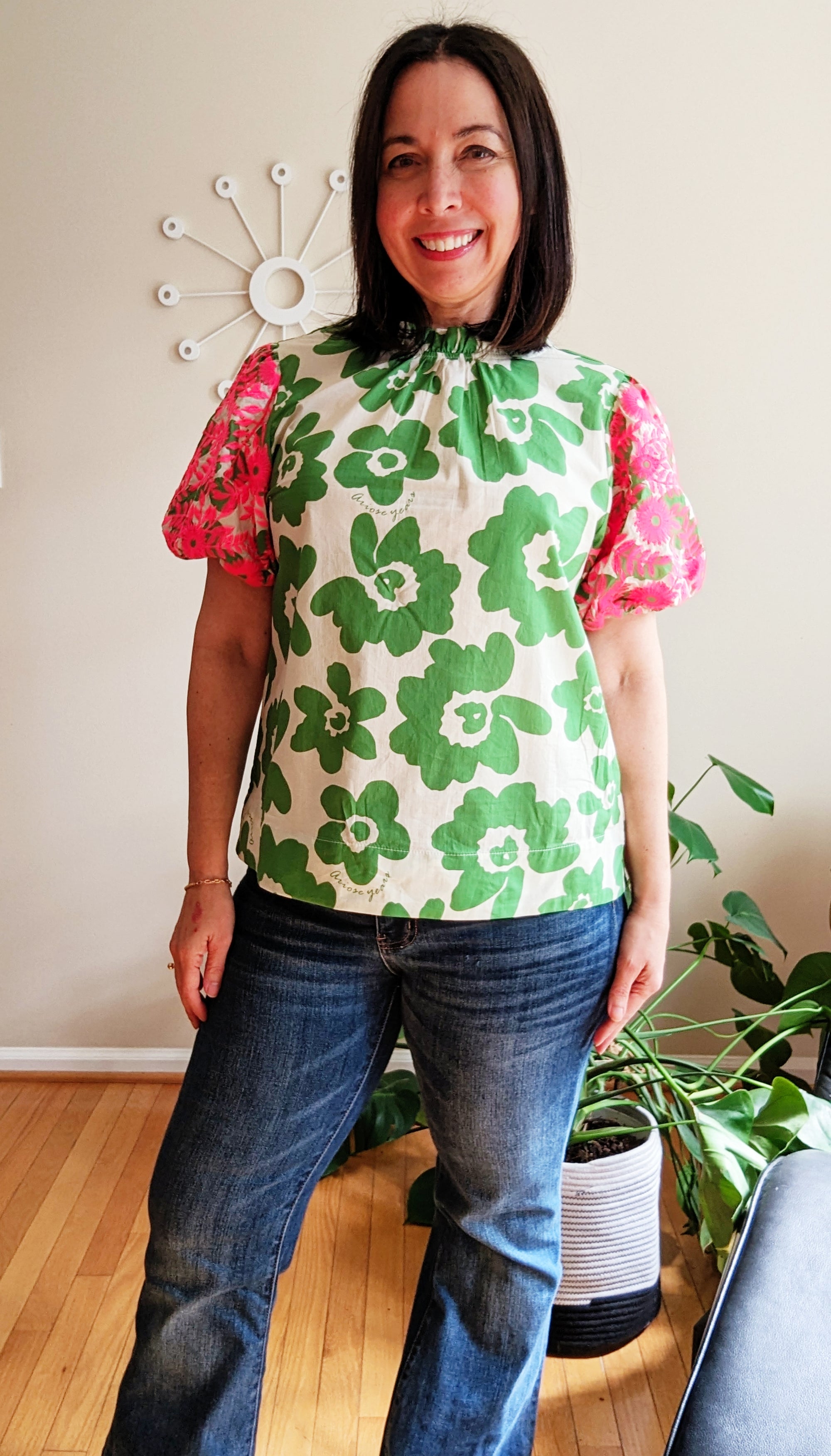 Embroidered Floral Top in Pink and Green