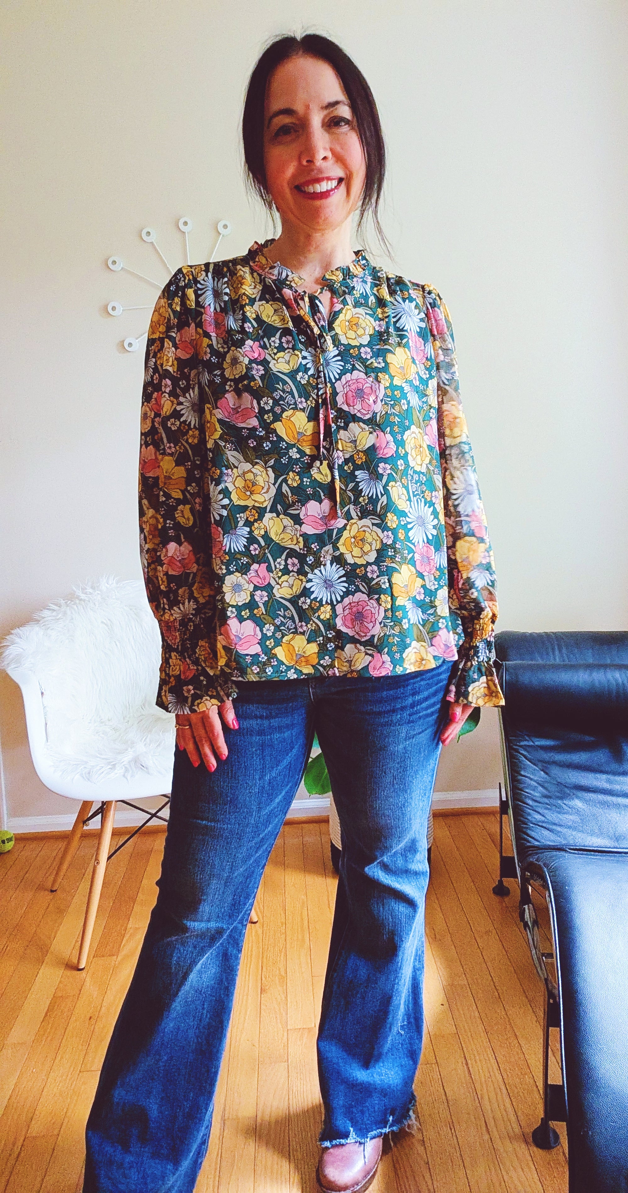 kathy wearing the retro print floral blouse