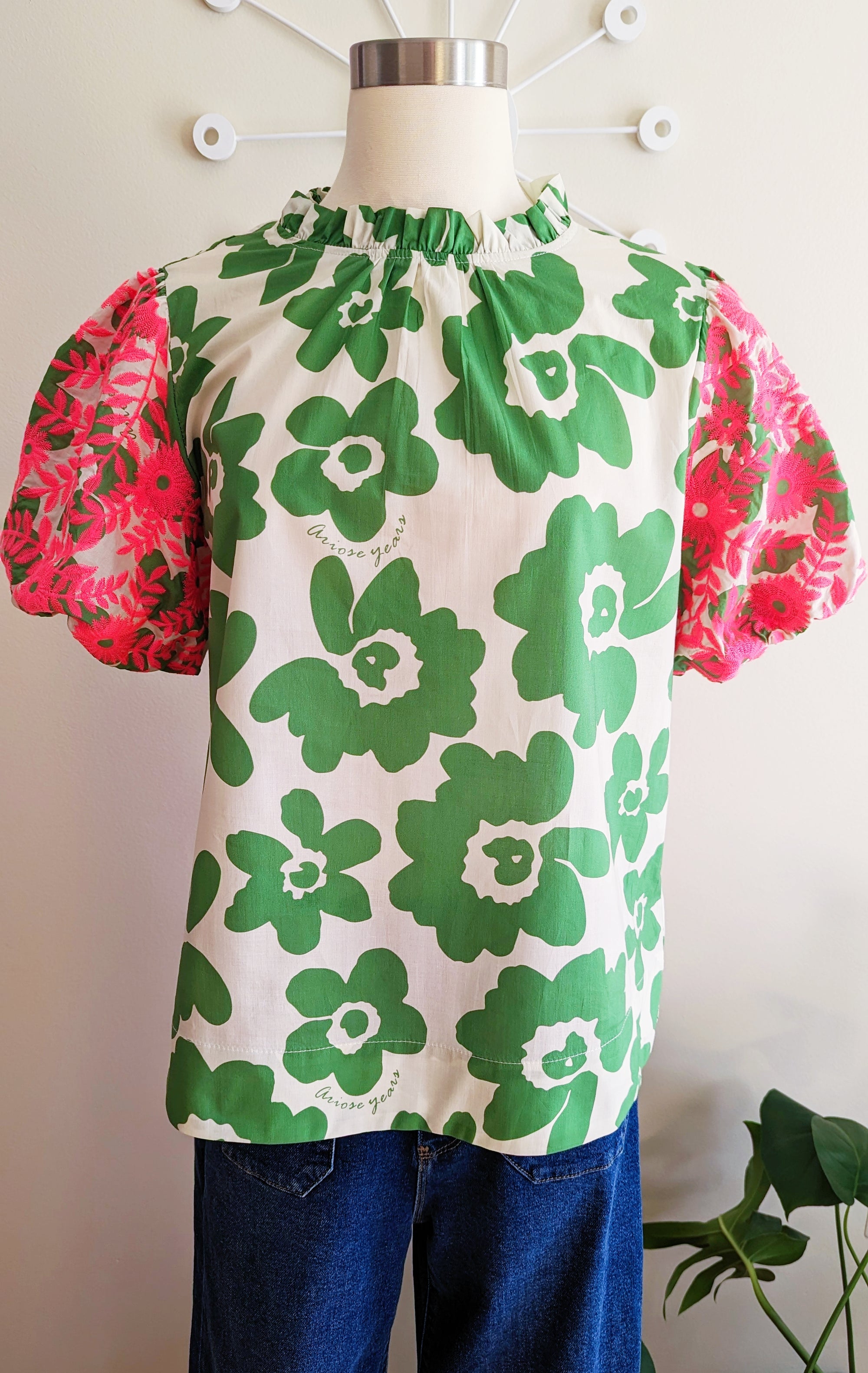 Embroidered Floral Top in Pink and Green