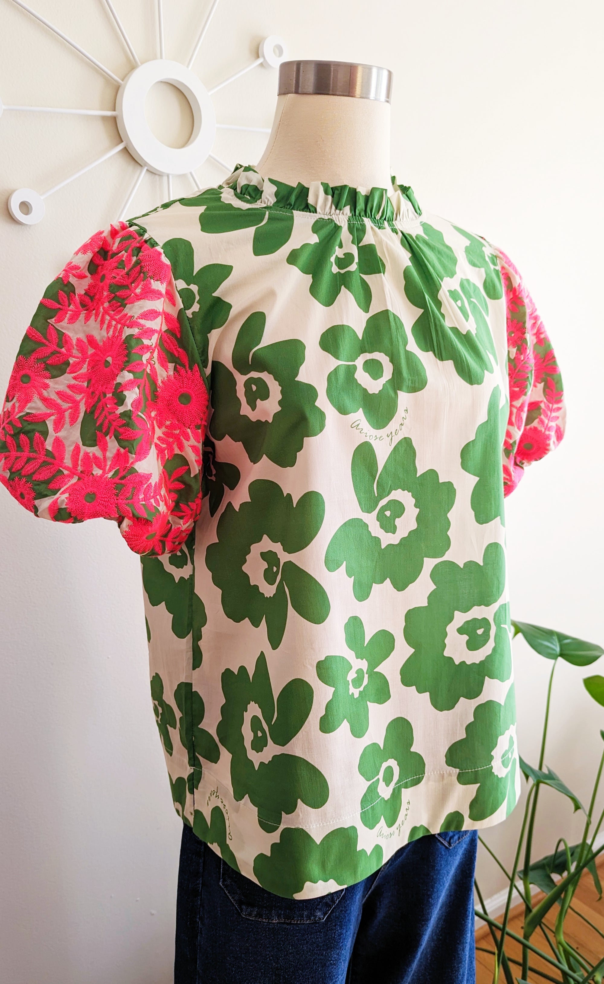 Embroidered Floral Top in Pink and Green