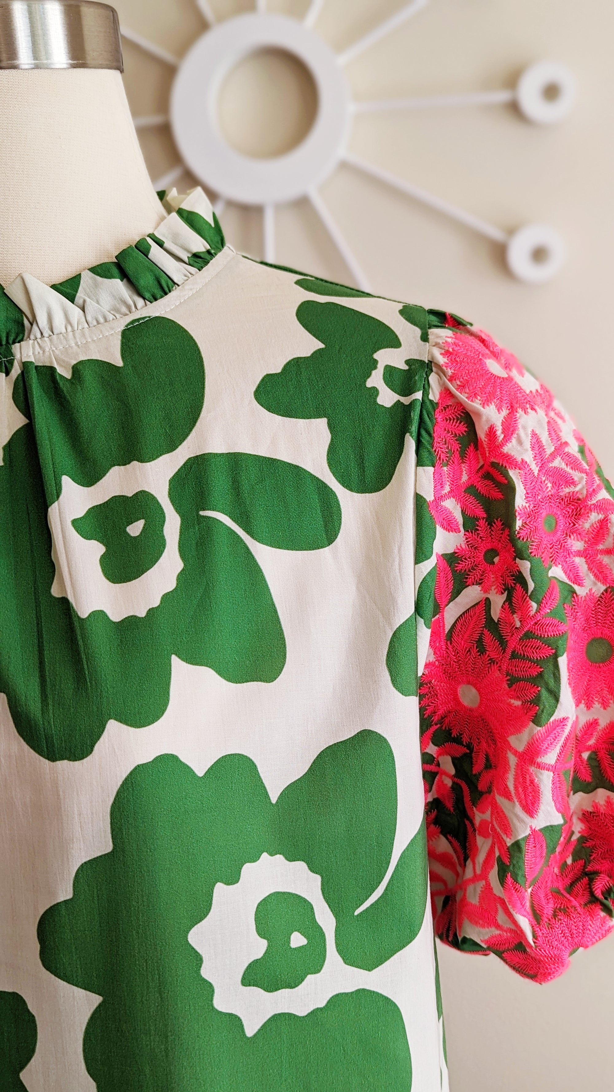 Embroidered Floral Top in Pink and Green