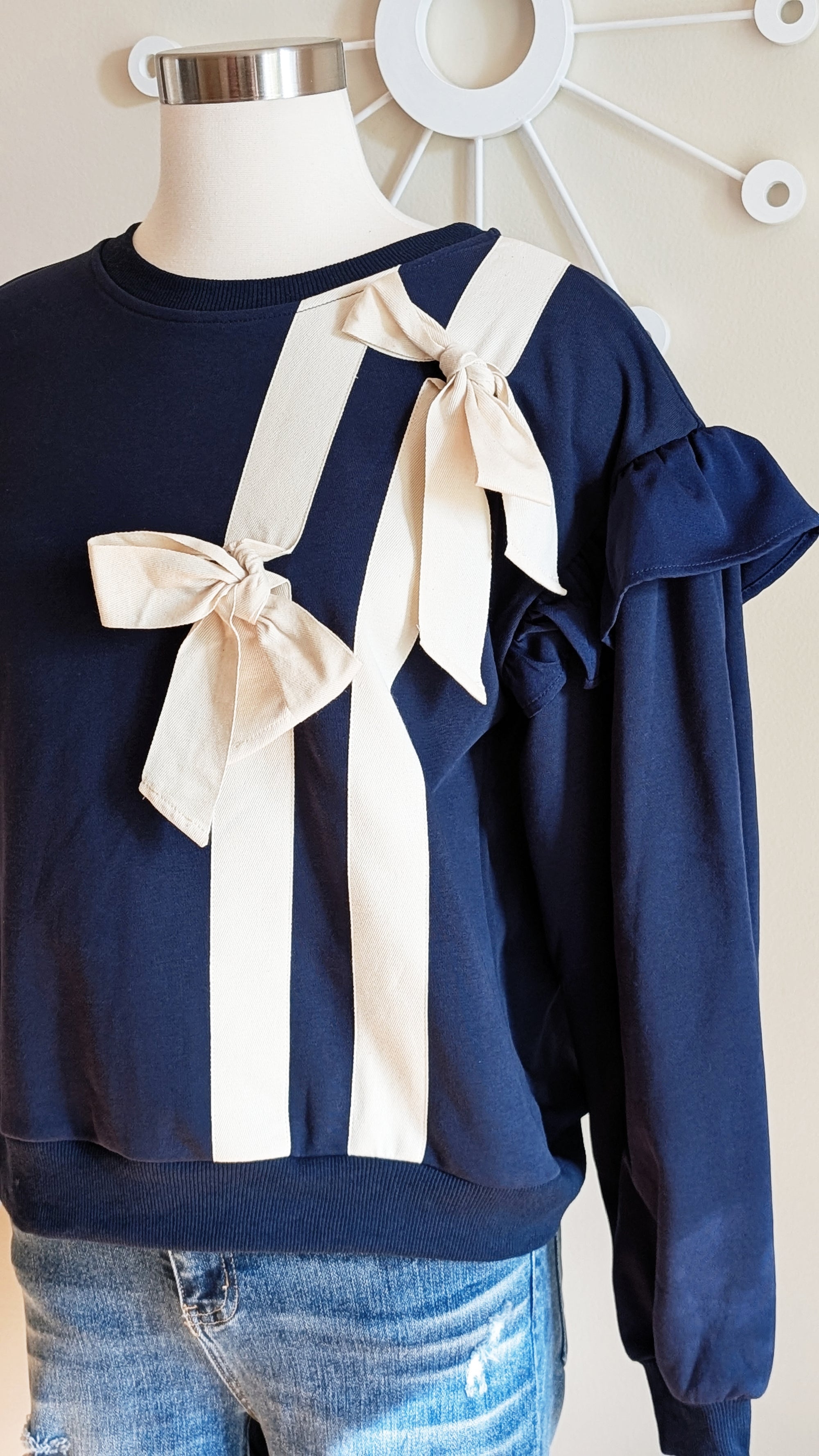 Navy Sweatshirt with Bow Details