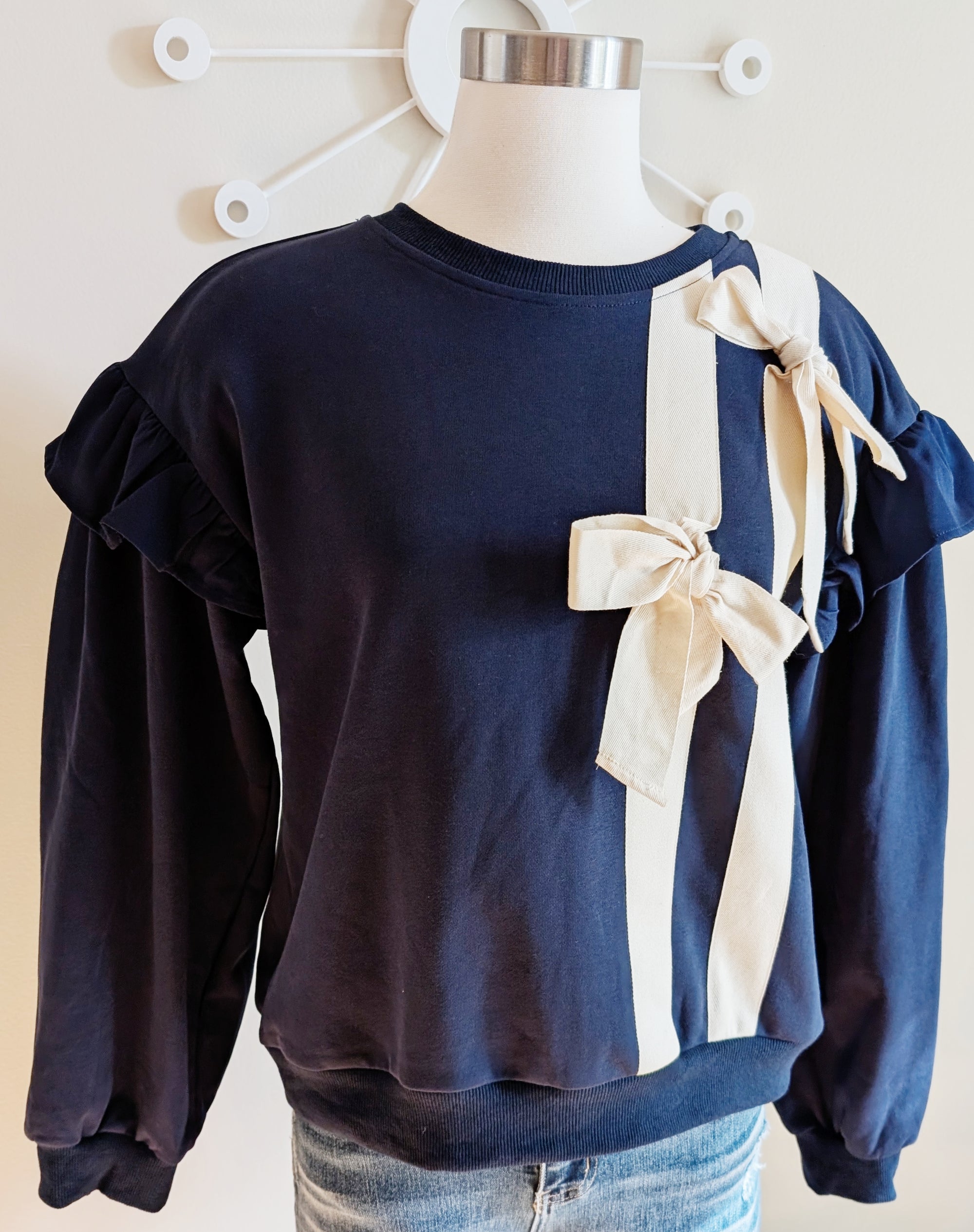 Navy Sweatshirt with Bow Details