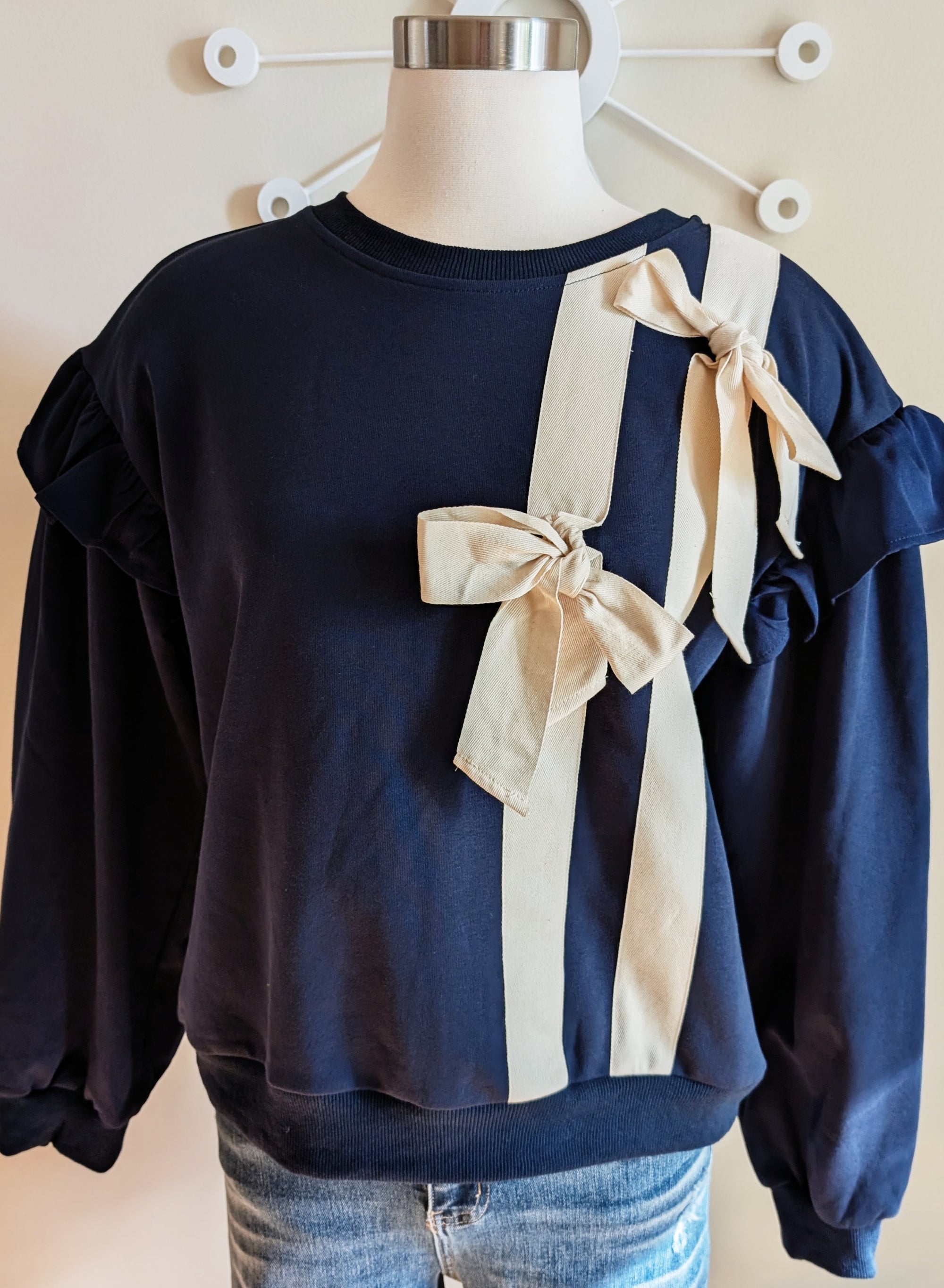 Navy Sweatshirt with Bow Details