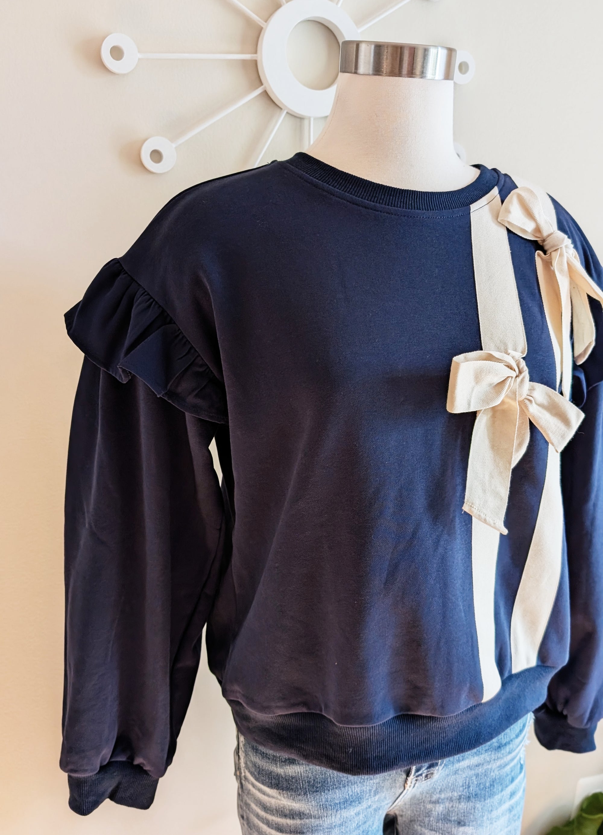 Navy Sweatshirt with Bow Details