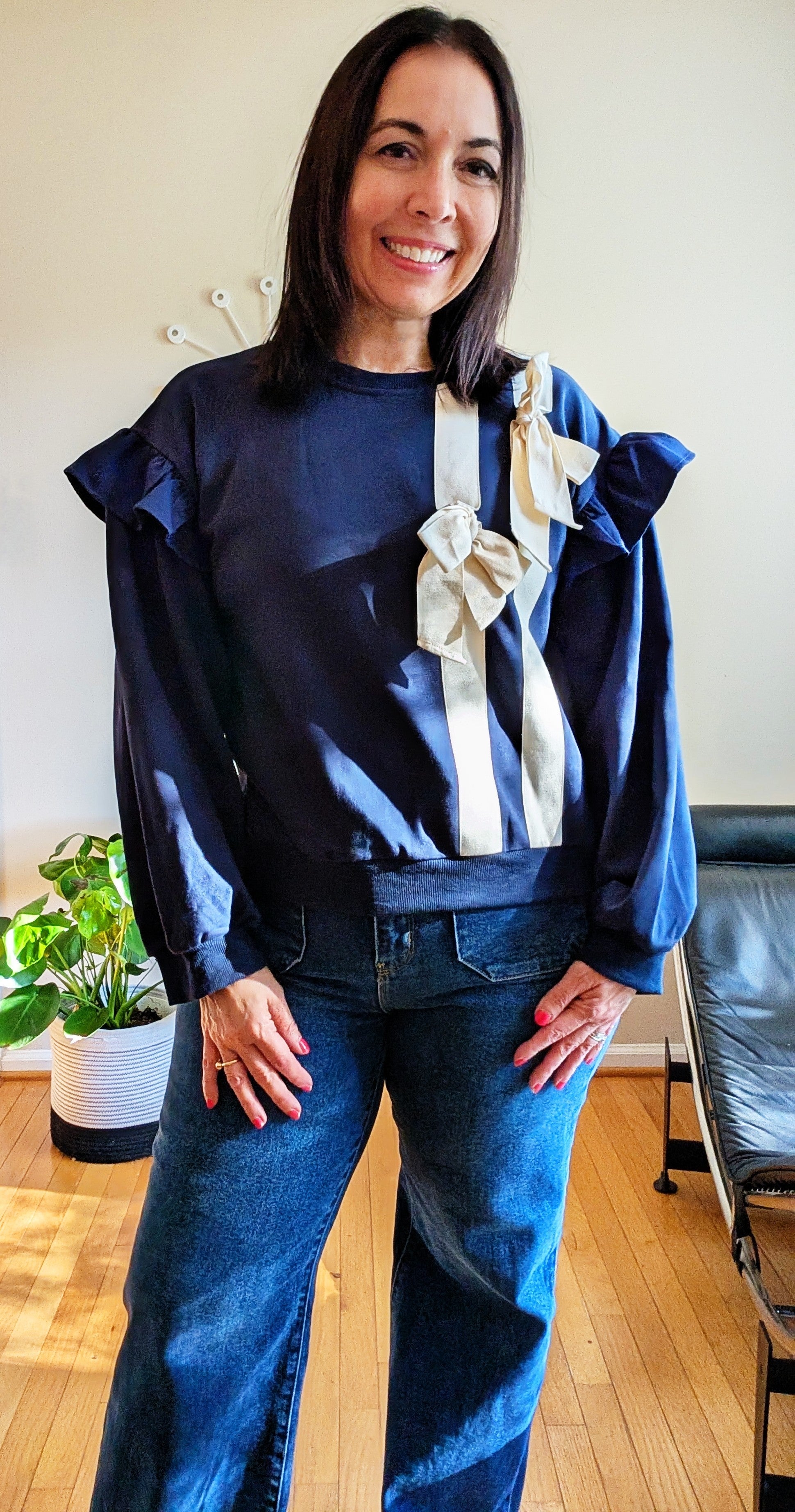 Navy Sweatshirt with Bow Details