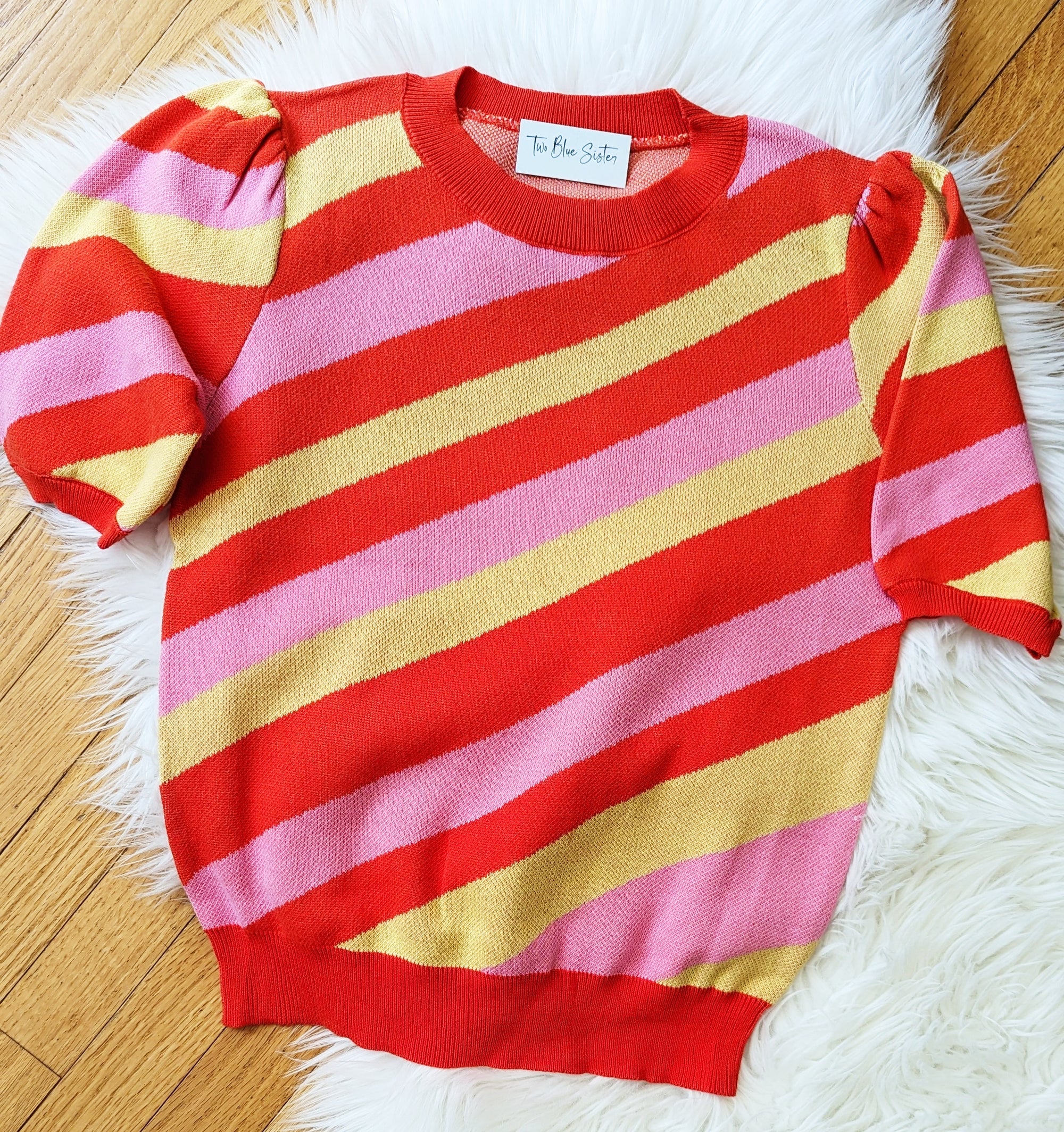 Cheerful Striped Short Sleeve Sweater