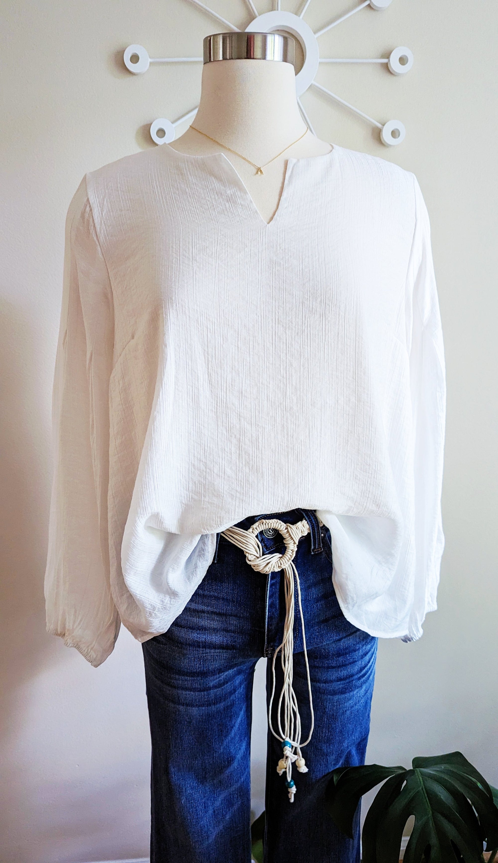 Textured White Top with Pleated Sleeves