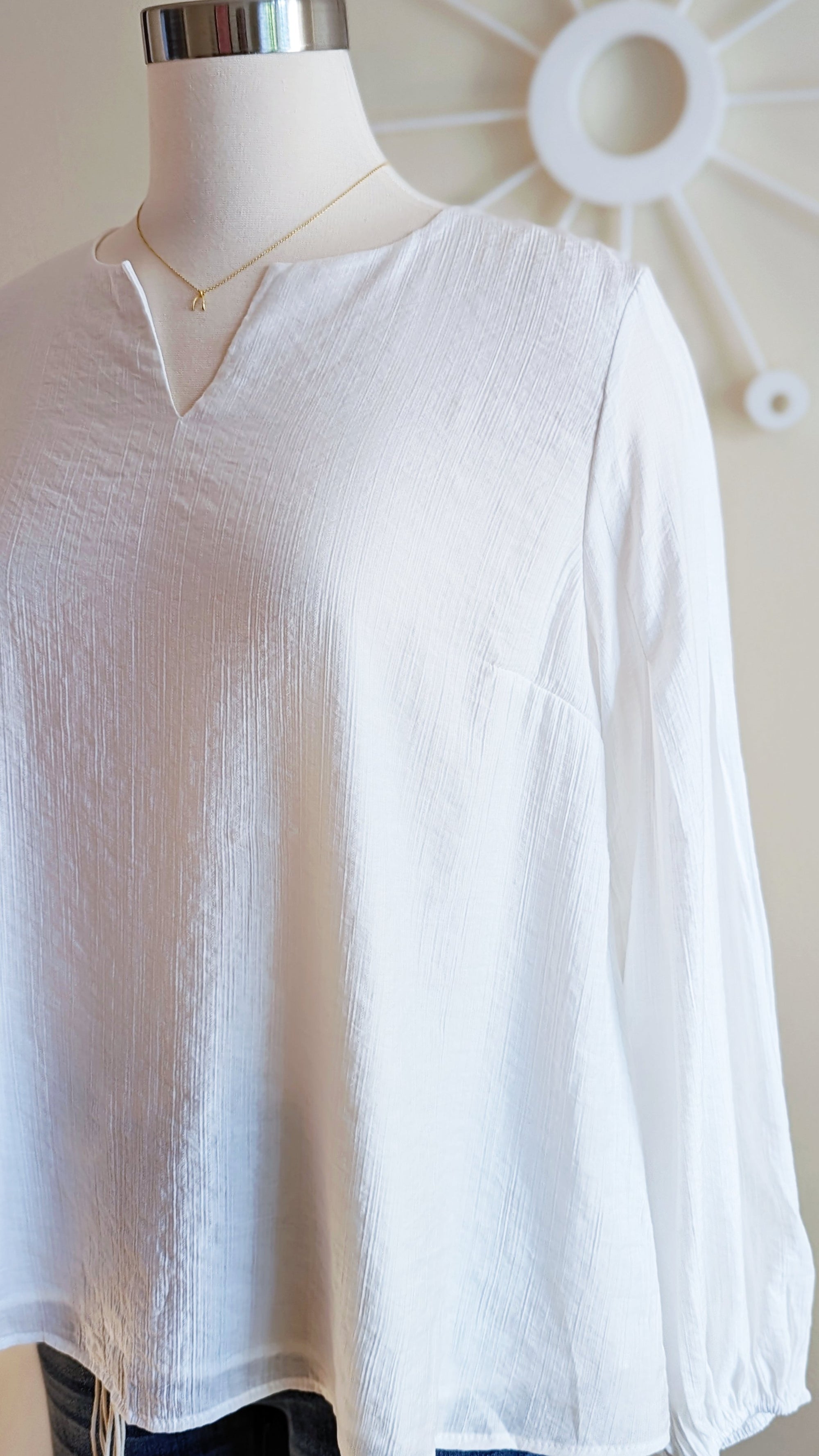 Textured White Top with Pleated Sleeves