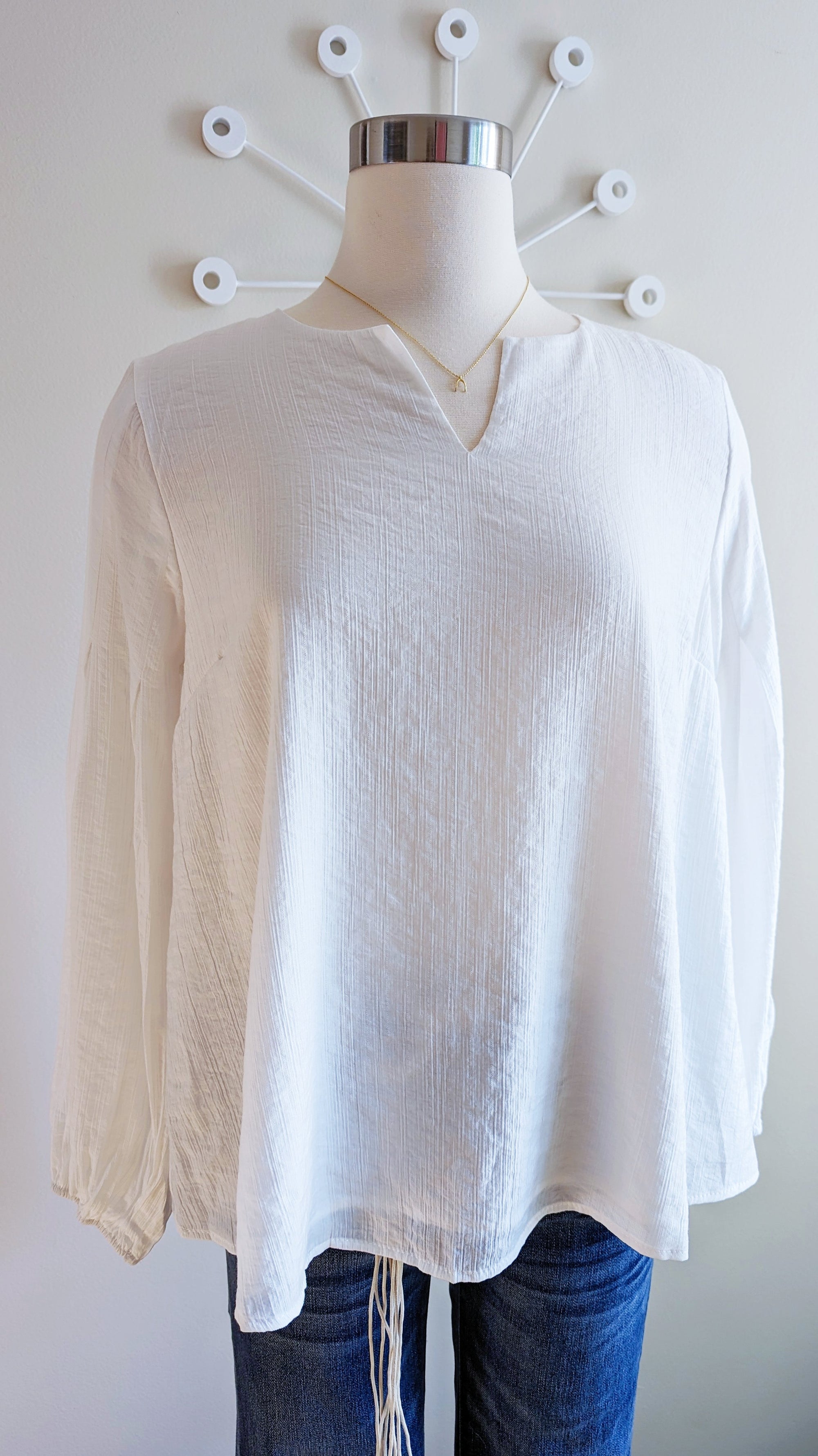 Textured White Top with Pleated Sleeves
