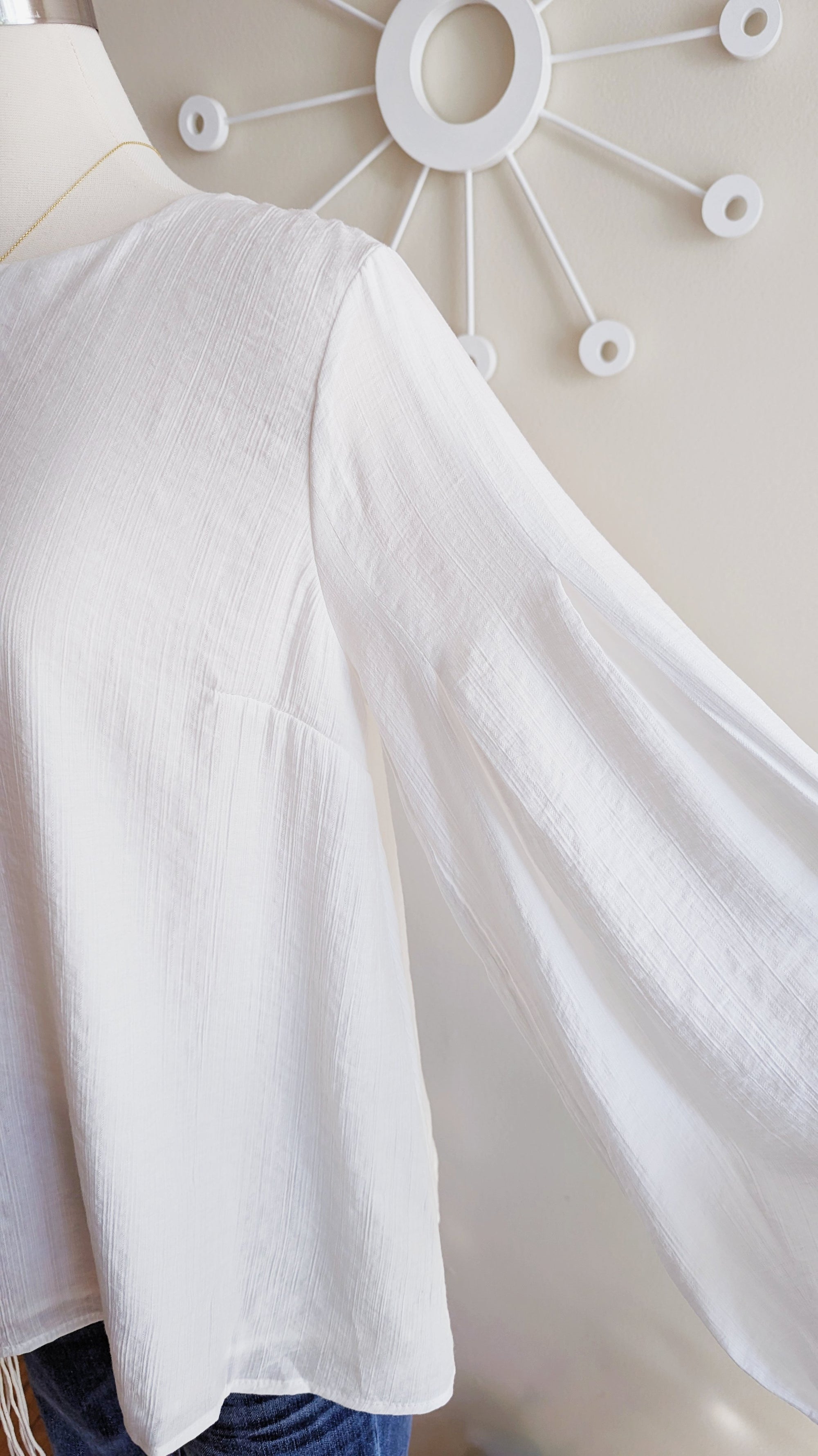 Textured White Top with Pleated Sleeves